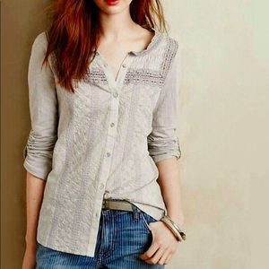 Meadow Rue Eula Smocked Embroidered Gray Top M